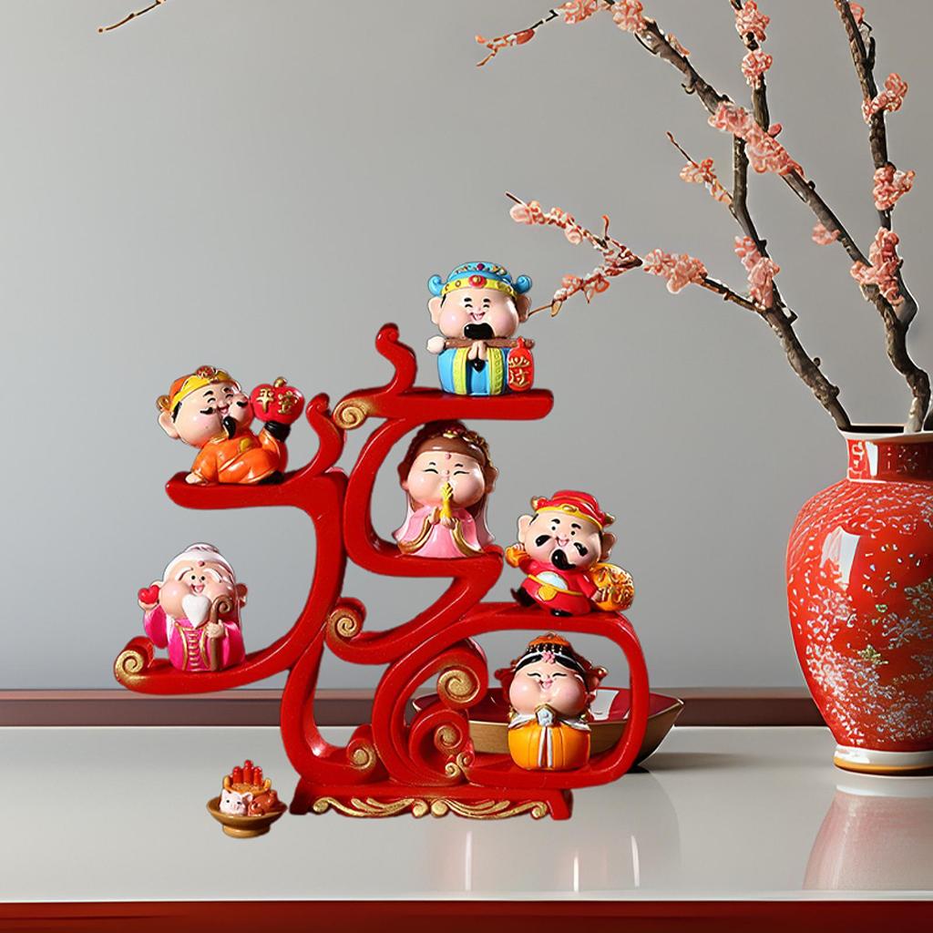 6Pcs Fortune Gods Figurines with Offerings Spring Festival Decor Hand Painted Happy New Year Ornament Desk Sculptures Statues