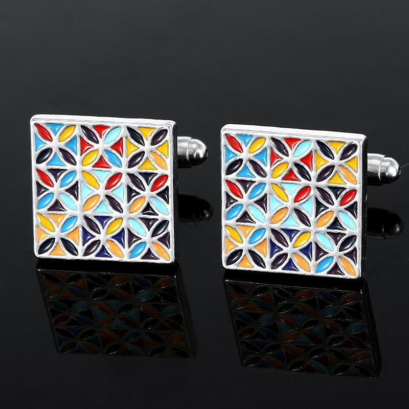 2024 Neues Design Bunte Emaille Quadratische Manschettenknöpfe Herrenhemd-Accessoires Modisch Kariert Bemalt Formeller Anzug Ärmelnägel Knopf