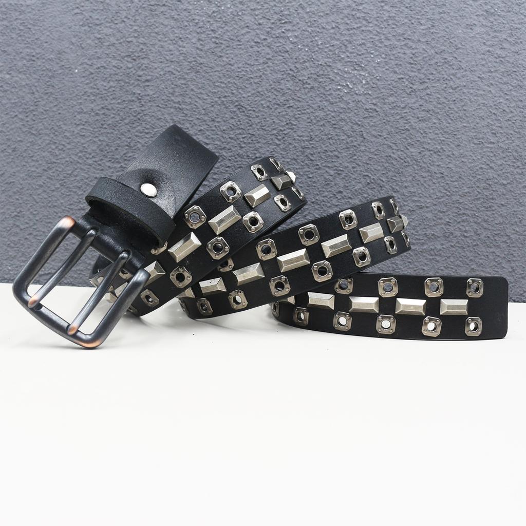 Double Needle Chicken Eye Hole Rivet Belt Leather Star Hollow Belt Goth Heavy Industry American Belt