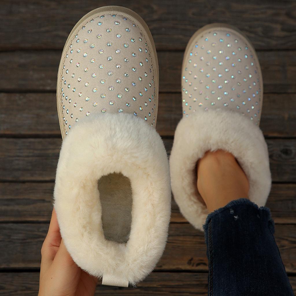 Women's Faux Diamonds Decorative Soft Sole Winter Warm Fur One Snow Boots Padded Lined Ankle Boots Non Slip Hiking Casual Sneakers