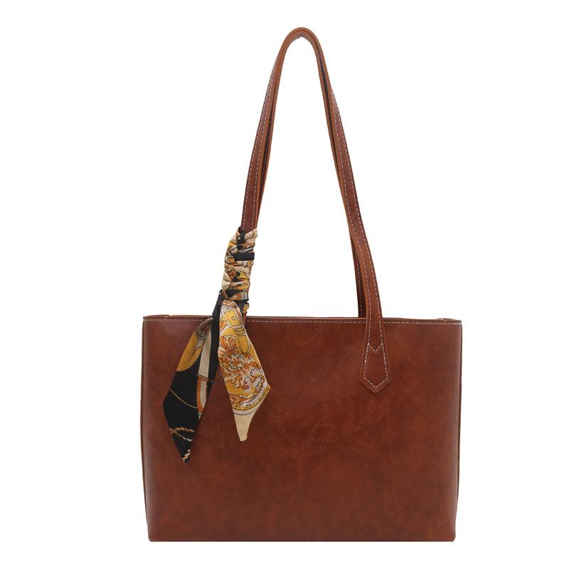 Women Vintage Pu Leather Tote Bag, Large Capacity Shoulder Handbag, Decorative Silk Scarf, Contrast Stitching, Office Work Daily Commuter Purse