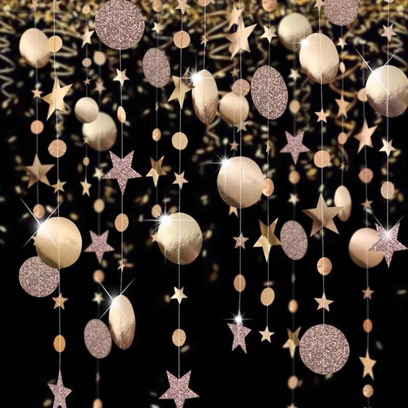 4M Champagne Gold Glitter Star Round Paper Garland Birthday Wedding Bachelorette Party Decorations Anniversary Backdrop Decor