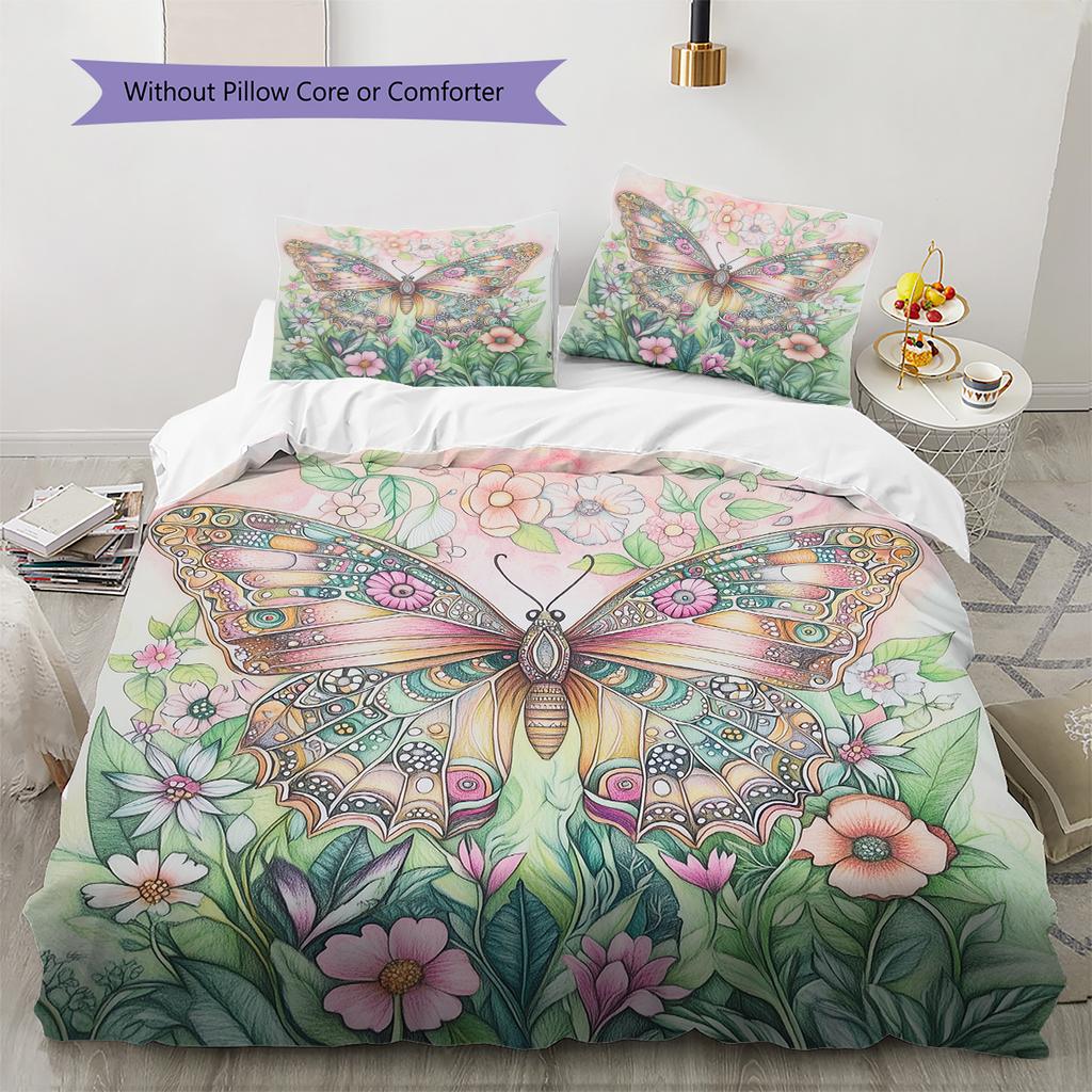Butterfly in Flower Bushes  Pattern Bedding Quilt Set Quilt Cover Pillowcase Home Decoration  Gift (1 * duvet cover + 2 * pillowcase, without core)