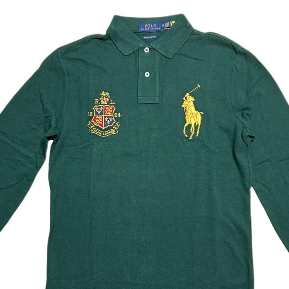 Polo Ralph Lauren Ss24 Badge Gold Label Big Pony Logo Embroidered Long Sleeve Polo Shirt Men Tops Dark-Green 710779249-001