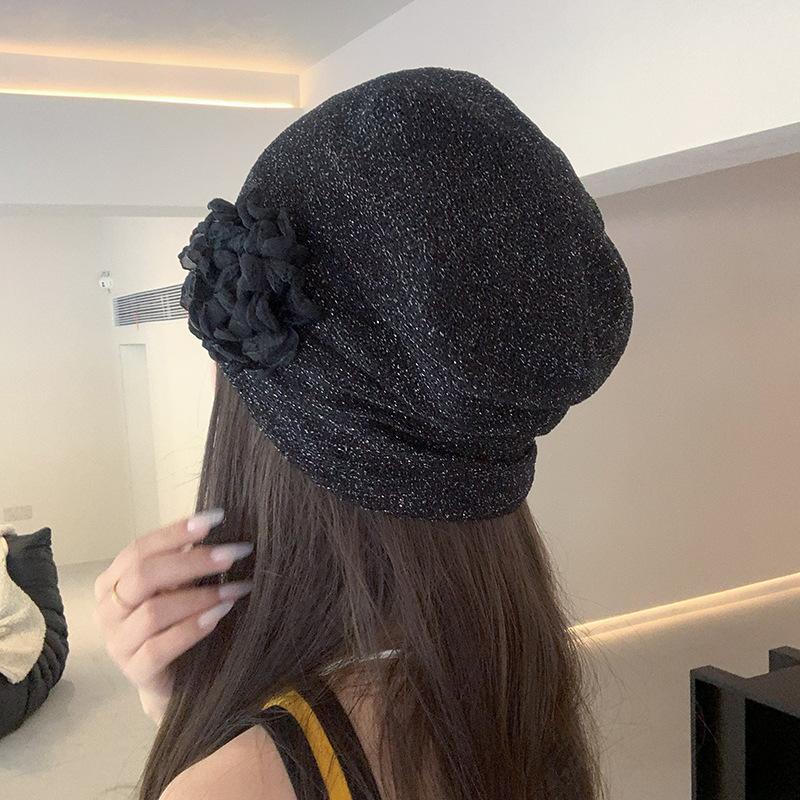 New Rose Flower Knitted Hat Side Flower Drawer Hat Mesh Pile Hat Showing Face Small Bag Head Hat