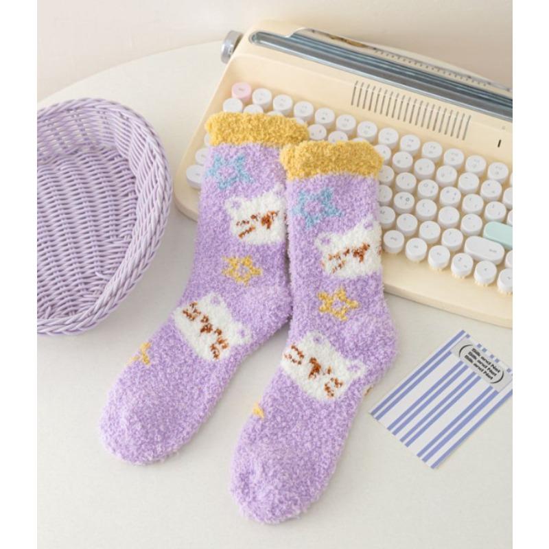 Autumn and Winter Coral Fleece Socks, Women's Small Flower Fruit Thickened Warm Socks, Women's Home Floor Socks, Postpartum Mid-calf Socks