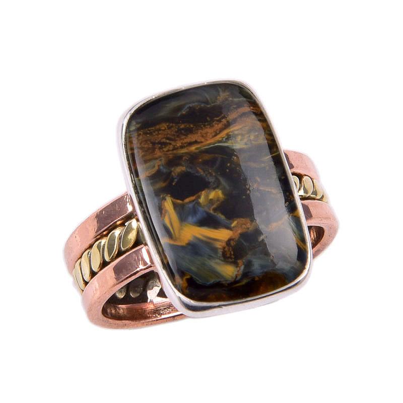 Natural Pietersite Gemstone 925 Solid Sterling Silver Two Tone Ring S.7.5 P5U43