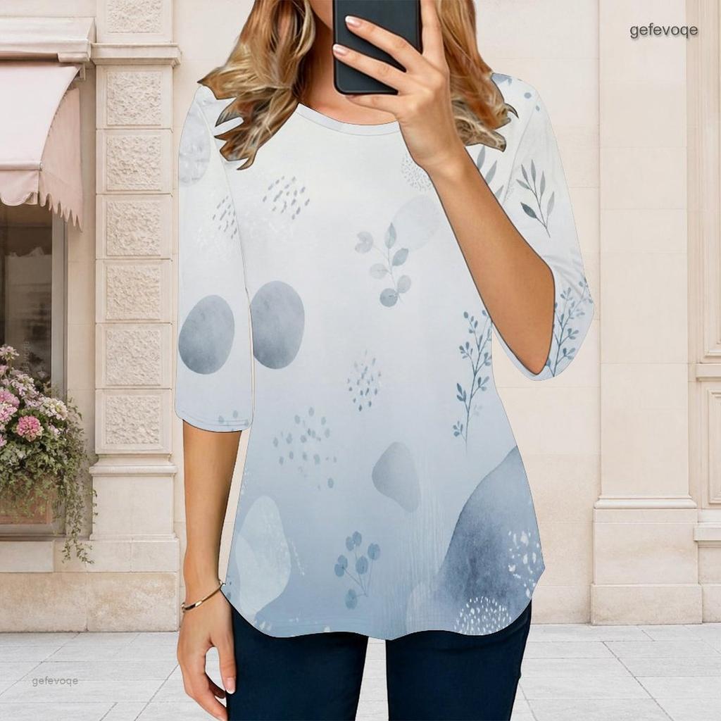 Women Plus Size Round Neck Elbow Length Multicolor Printed Curved Hem T Shirt