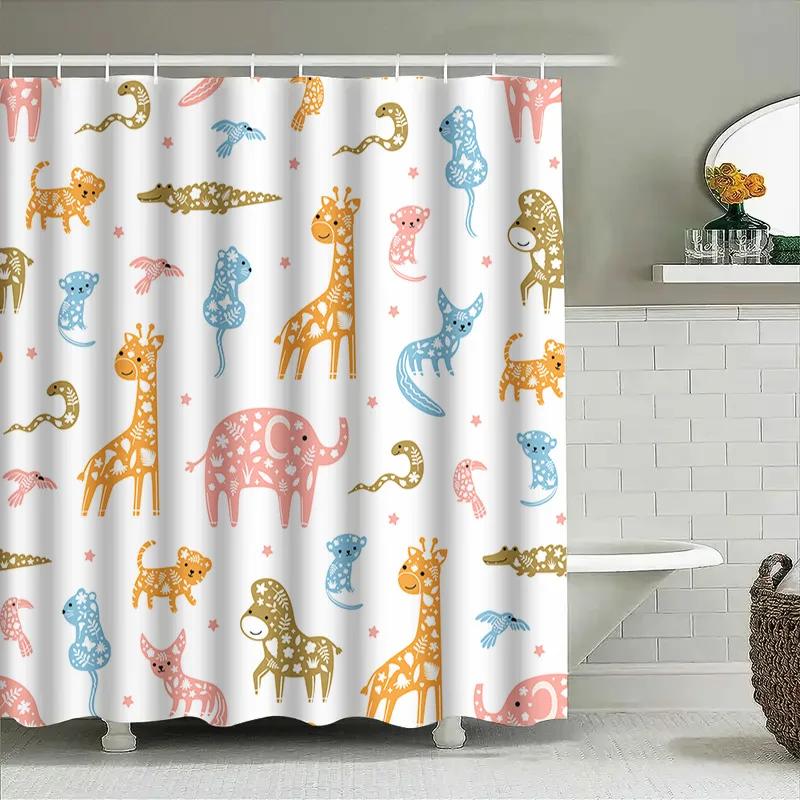 Animal Pattern Shower Curtain Set Bathroom Decor For Kids Room Multicolor Giraffe Elephant Print Waterproof Fabric Shower Curtai