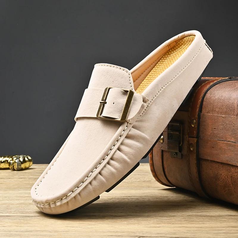 Fashion None Slip Men's Muller Shoes Suede Leather Half Shoes New Handmade Loafer Business Wedding Slippers Formal Casual Male Half Drag