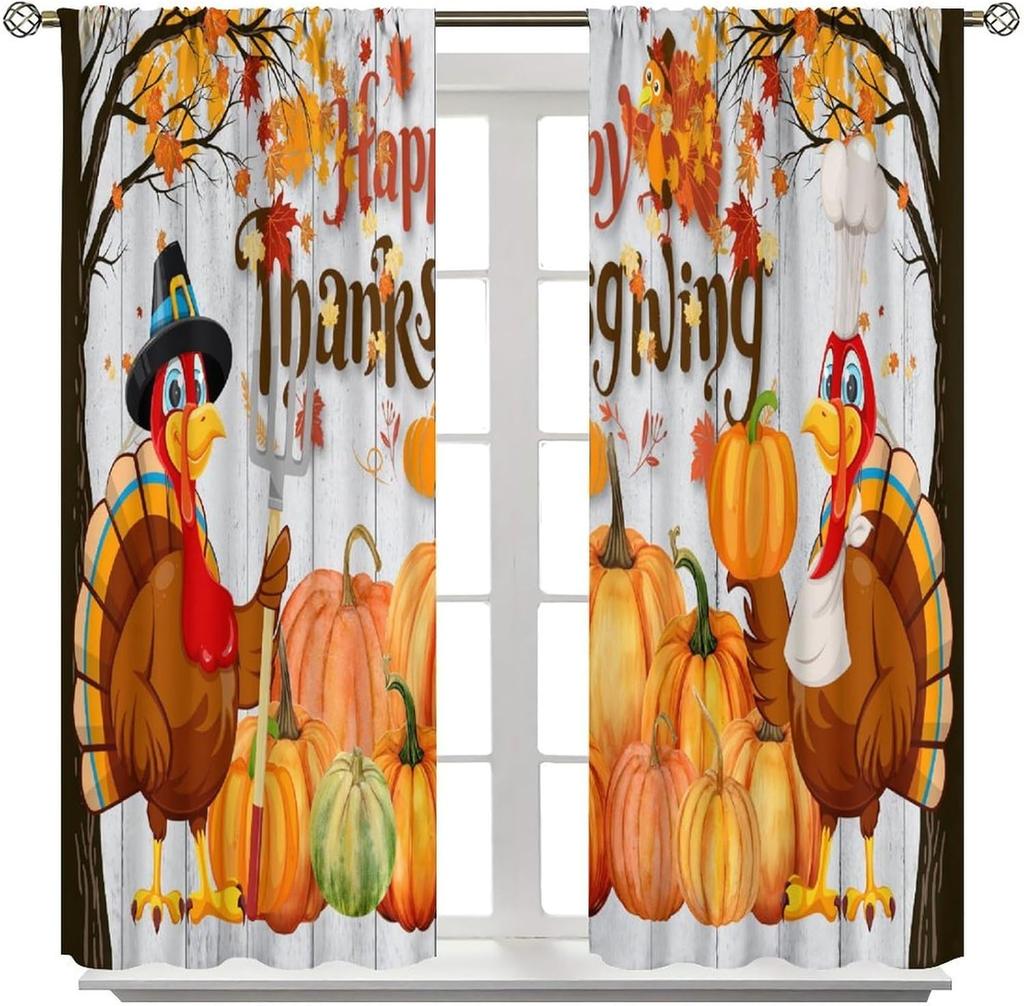 Fall Curtain Gnomes Autumn Thanksgiving Watercolor Maple Leaf Pumpkin Window Drapes Kitchen Living Room Treatments Curtains Polyester Great Treatment