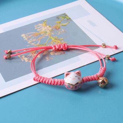 Yousheng Wrist Bracelet Ceramic Cat Decor Small Bell Hand Made Adjustable Ornamental Decorate Temperament Braided Rope Charms String Bracelet for