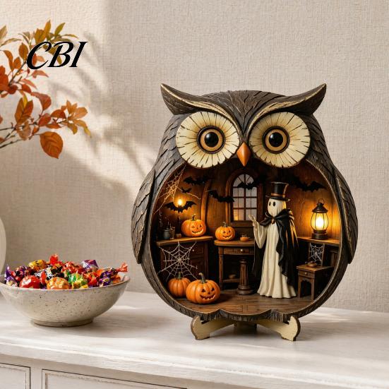 Vintage Wood Halloween Wooden Owl Tabletop Centerpiece, 2D Flat Pumpkin Ghost Bat Art Skeleton Standing Table Sign for Party, Shelf, Desk Decor Shelf