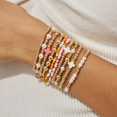Bohemian Imitation Pearl Rice Bead Beaded Bracelet, Personalized Acrylic Cross Elastic Bracelet.