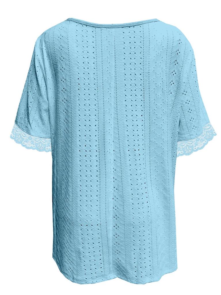 2025 European Women's V-Neck Lace Patchwork Knit T-Shirt