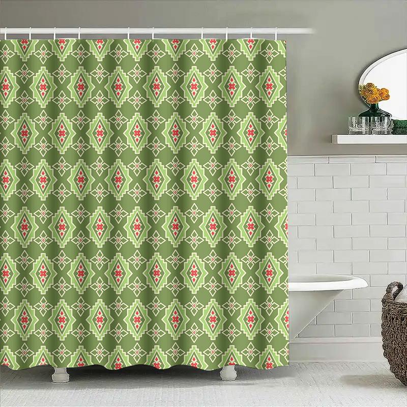 

Green Geometric Shower Curtain Waterproof Bathroom Decor Modern Floral Print Home Decor Privacy Screen Customizable Size For You W60H190(CM)-1 Pcs