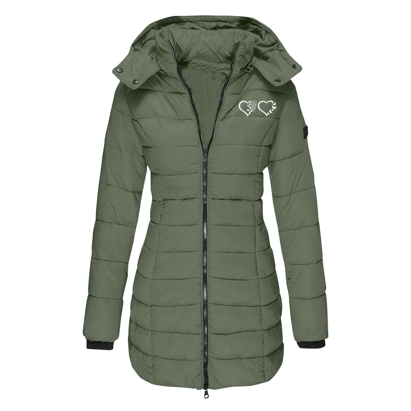 

Женское зимнее хлопковое пальто средней длины с капюшоном европейского размера - облегающий крой, однотонный, с напечатанными деталями XXXL армия зеленый