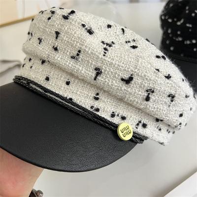 Polka Dot Tweed Flat Top Military Hat Women's Autumn and Winter New Leather Brim Splicing British Retro Literary Cap