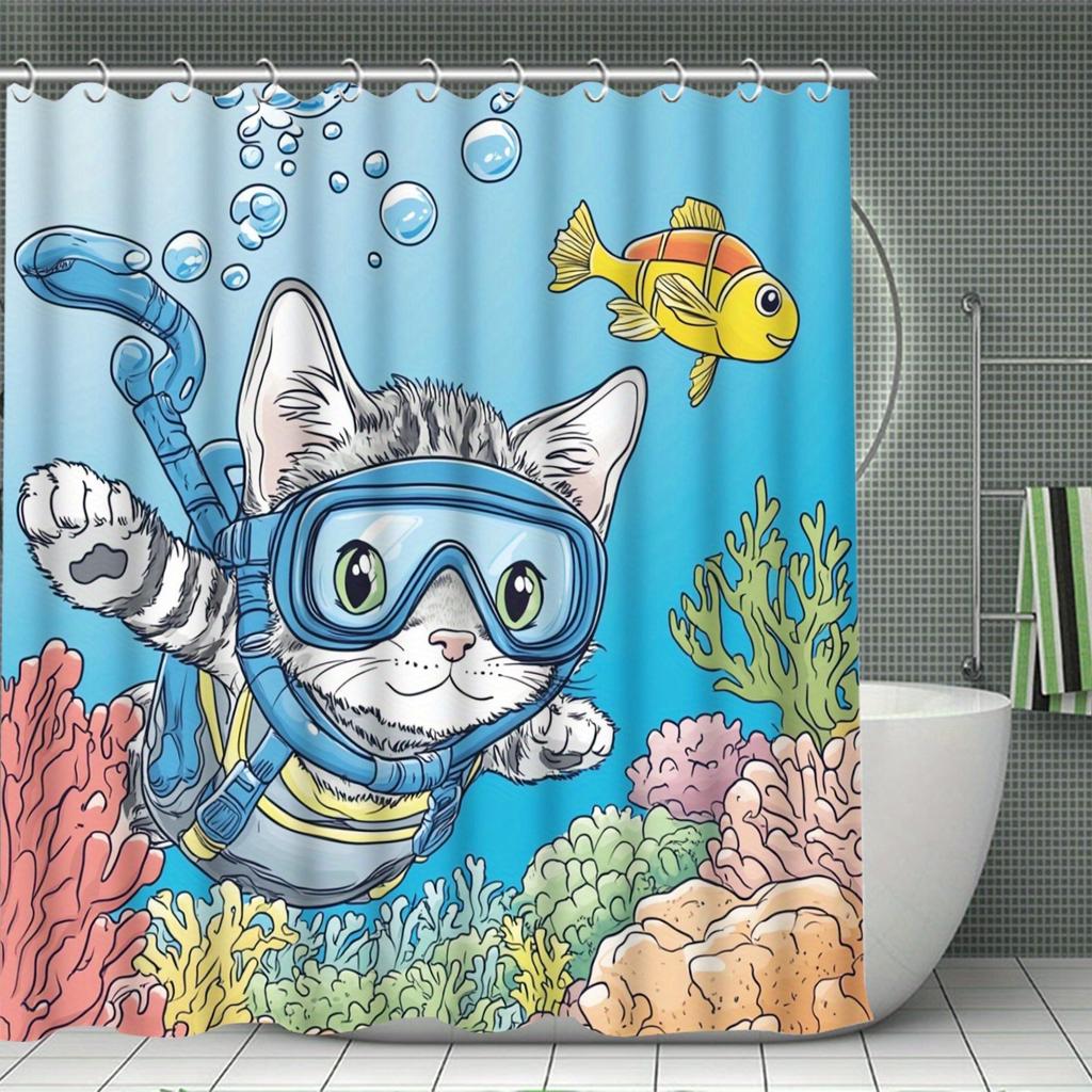 Swin Cat Decorative Shower Curtain Bathroom Set - Machine Washable, With 12 Hooks, Including Toilet Seat Cover And Bathtub Mat