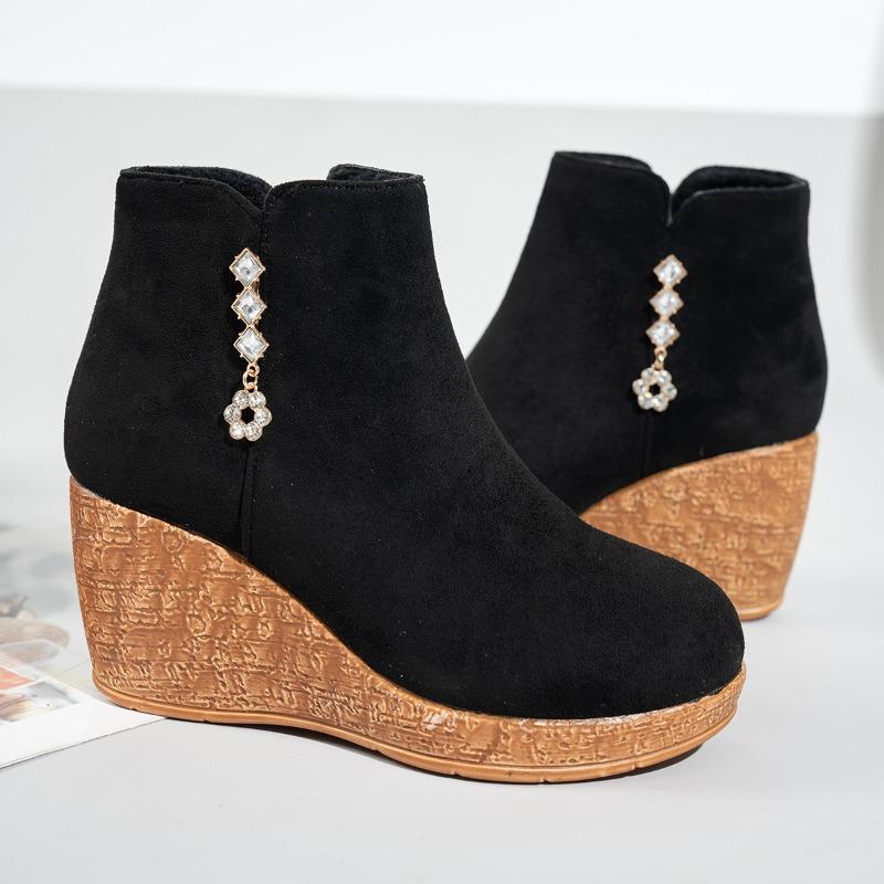 Naked Boots Fall Winter New Fashion Wedge Round Toe Zip Rhinestone Platform Non-Slip Cotton Boots