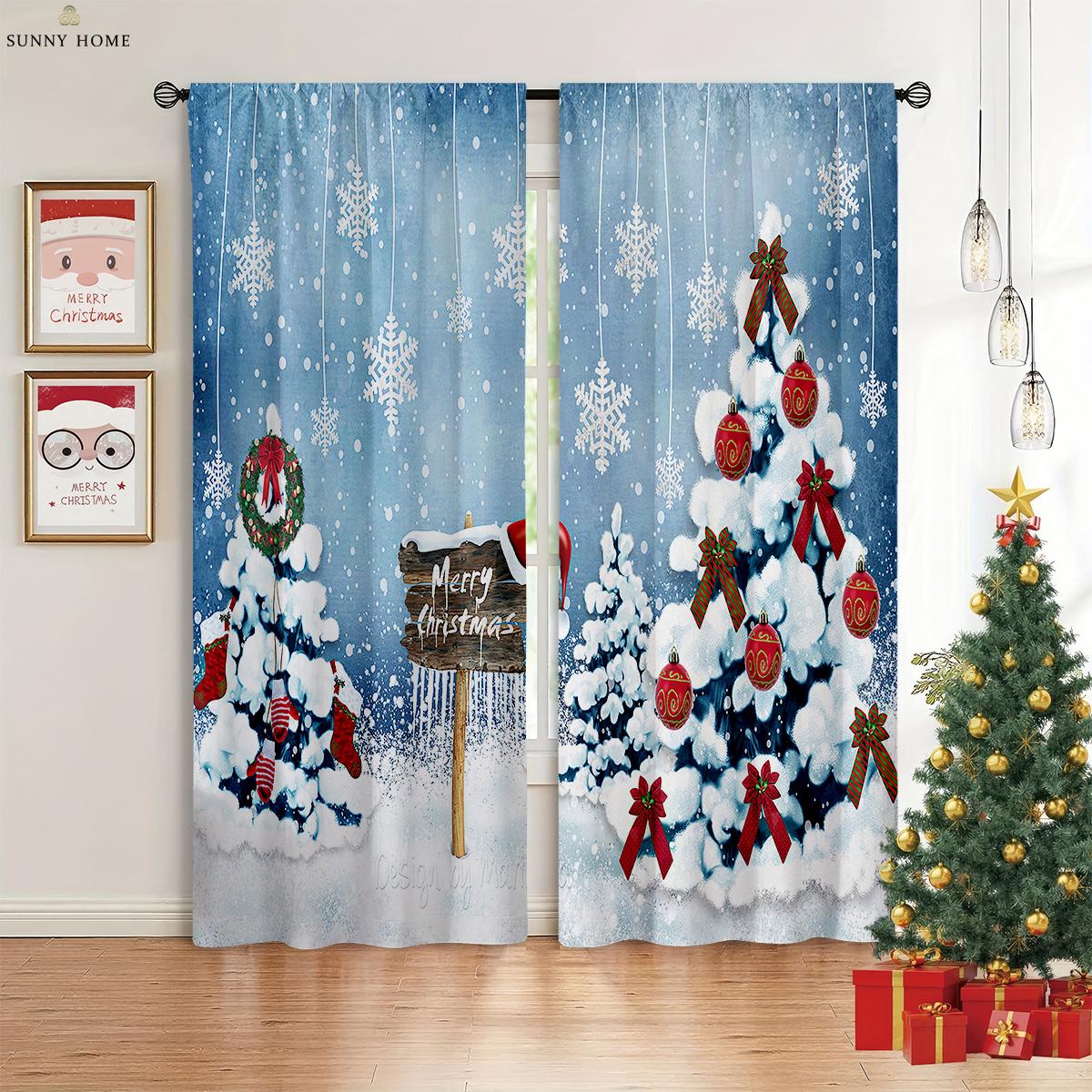Christmas Holiday Ball Christmas Holiday Tree Snow 3D Print Print Window Curtains Bedroom Space Living Space Kitchen Area Holiday Window W50xH140(CM)x2PCS&Grommet Top