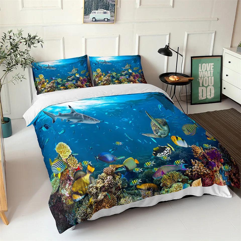 Comforter Ocean Blue Sea Fish 3D Printed Kids Bedding Set Queen King Nordic Ocean Landscape Soft Polyester Comforter