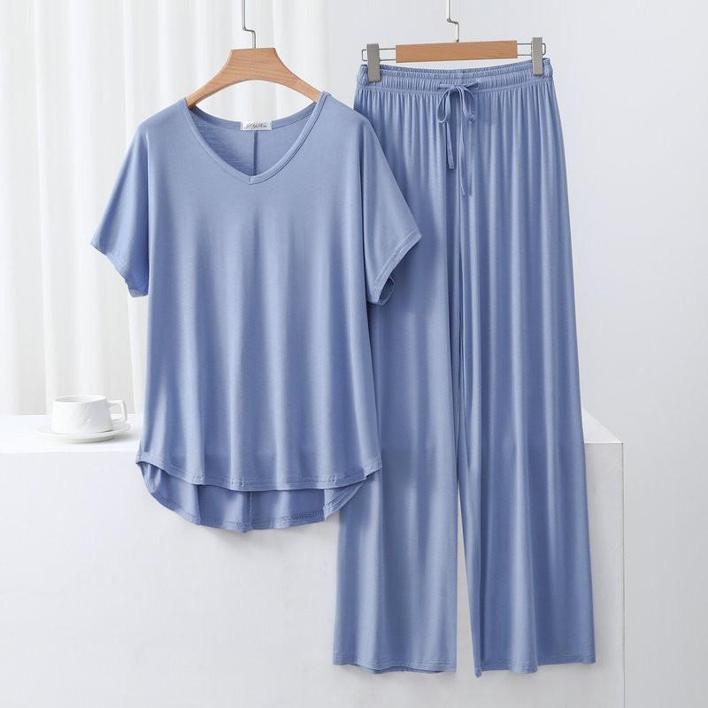 Summer Modal Homewear 2 Piece V-Neck Short Sleeve Tshirt and Wide Leg Pant Ankle Length Loose Sleepwear Set Comfort Pajama Sets
