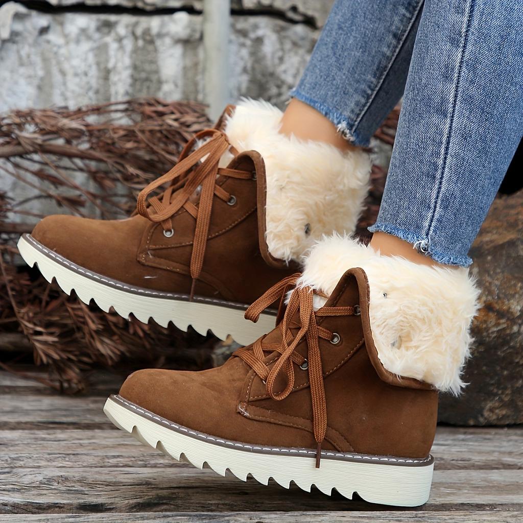 Women's Fleece-Lined Winter Boots with Plush Collar - Lace-Up Round Toe Flat Sole Ankle Bootie