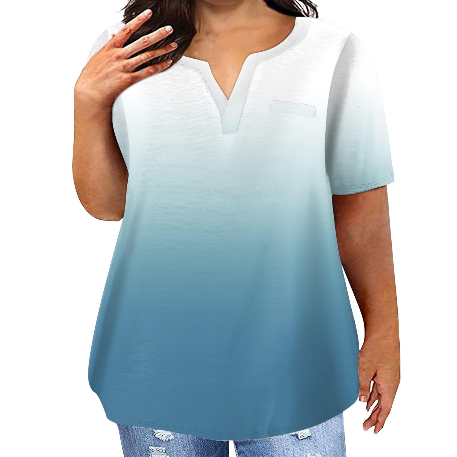 

Женская футболка большого размера, повседневная однотонная футболка с v-образным вырезом и короткими рукавами, карманный топ L синий