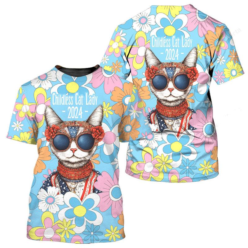 Roztomilé zvířátko kočka 3D celoplošný potisk tričko unisex denní vtipné ležérní trička s krátkým rukávem barevný retro vzor módní tričko top