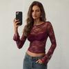Solid Lace Sheer Long Sleeve Top Women Slim Flattering Chest Ruched Bell Sleeve Fashion Daily Basic Office Lady Casual Slim Fit Ladies Elegant Top