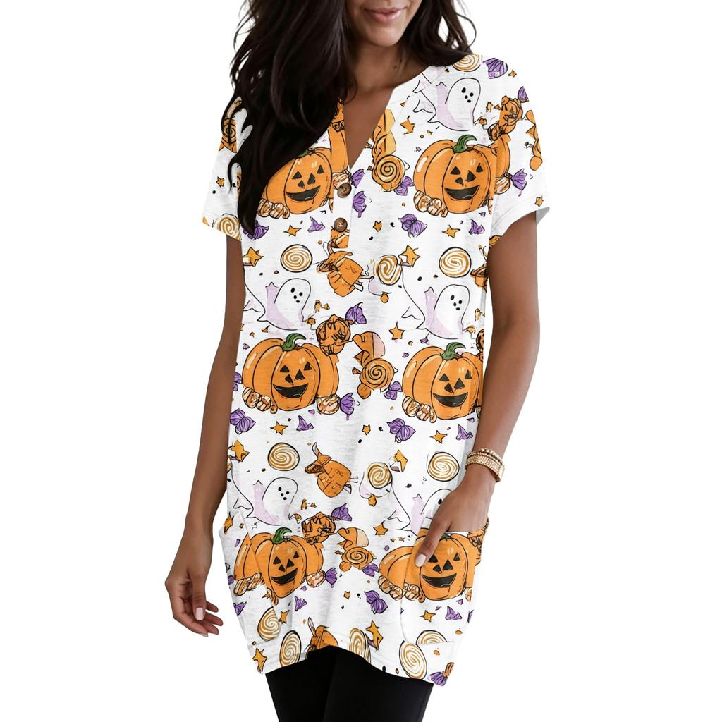 Women V Neck Halloween Print Short Sleeve Pullover Dress with Pocket Casual Loose Fit Tunic Dress for Daily Wear