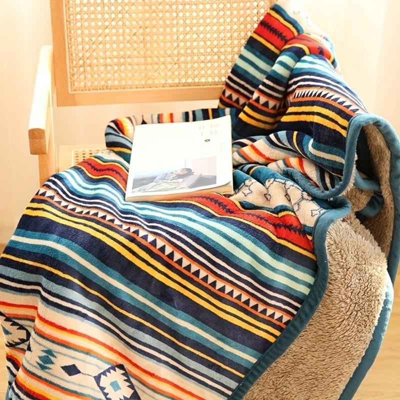 Nordic Bohemian Flannel Sherpa Blanket Double Layer Thick Warm Cozy Throw for Nap Sofa Bed Camping Household Products Decoration