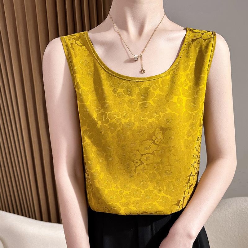 Acetate Satin Round Neck Printed Vest for Women In Summer Simple Smooth and Versatile Sleeveless Suspender Soft and Comfortable Top