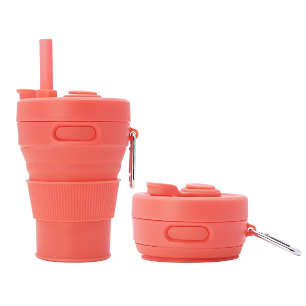 450ml Silicone Folding Straw Cup Space Saving High Temperature Resistant Retractable Cup with Buckle Leakproof Collapsible Cup