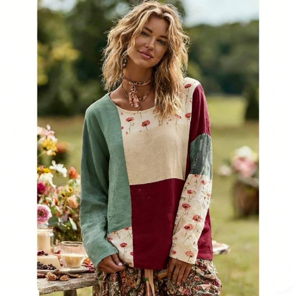 Mode Europe Amérique T-shirt Femme Pull Style Bohème T-shirt Manches Longues Femme Hauts Décontractés d'Extérieur