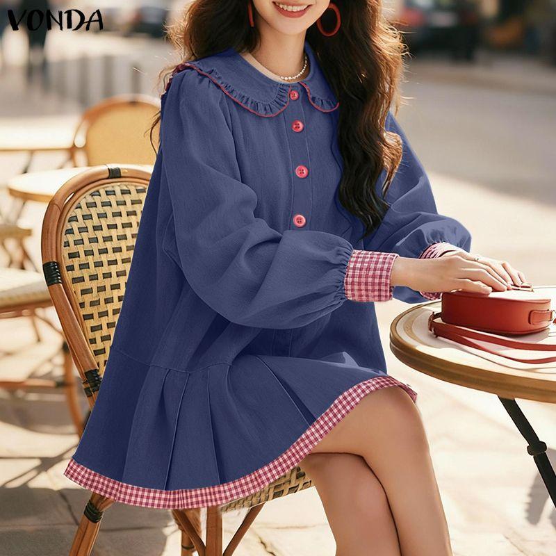 VONDA Women Turn Down Collar Long Sleeve Stitching Plaid Print Casual Ruffled Dress