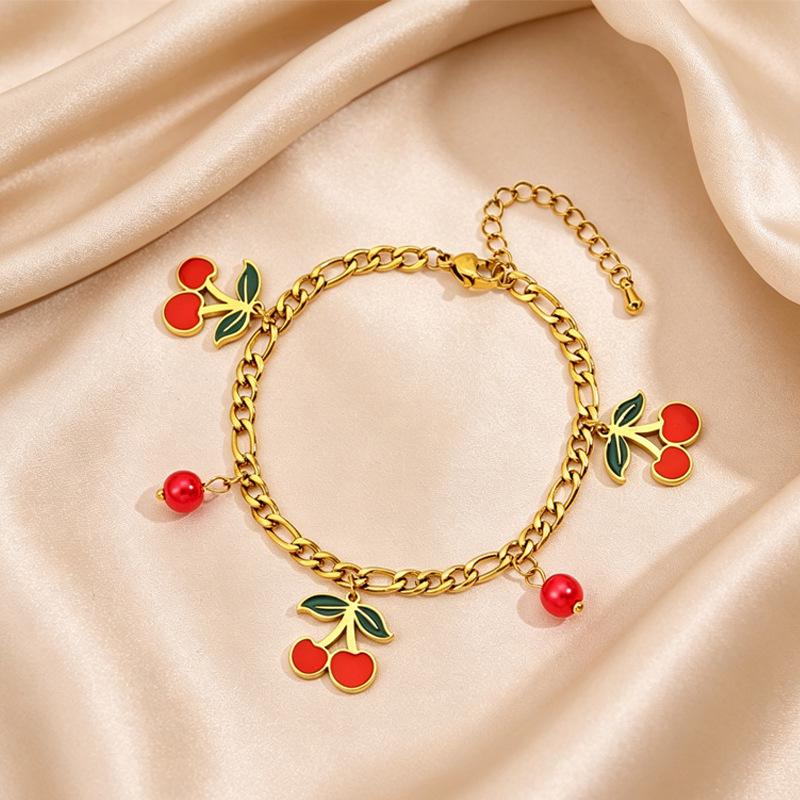 Stainless Steel Bracelet with 18K Gold-Plated Fruit Pendants and European Pastoral Charm