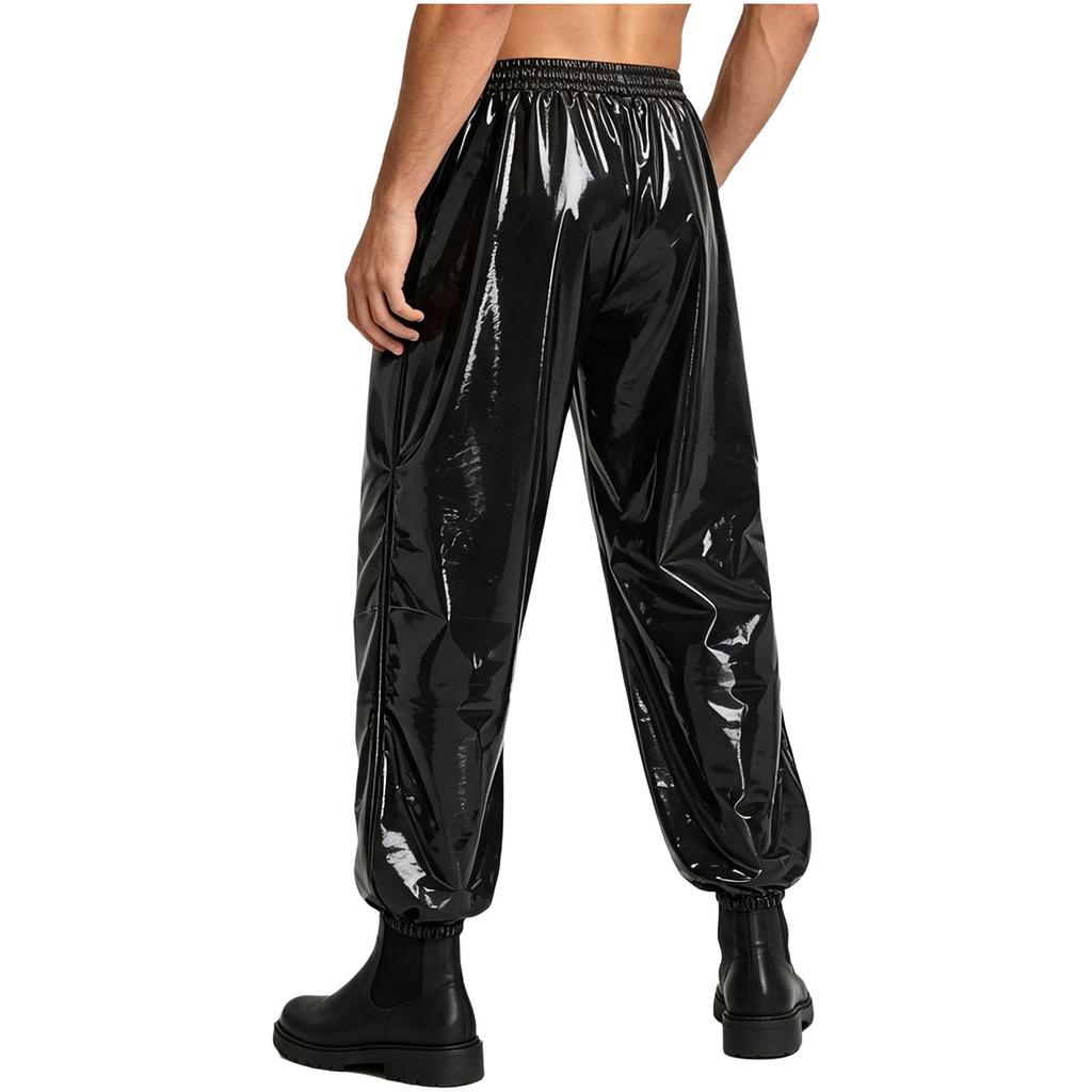 Men Glossy PU Leather Jogger Pants with Metal Chain Detail Elastic Waistband Side Pockets Punk Clubwear Trousers for Rave Party