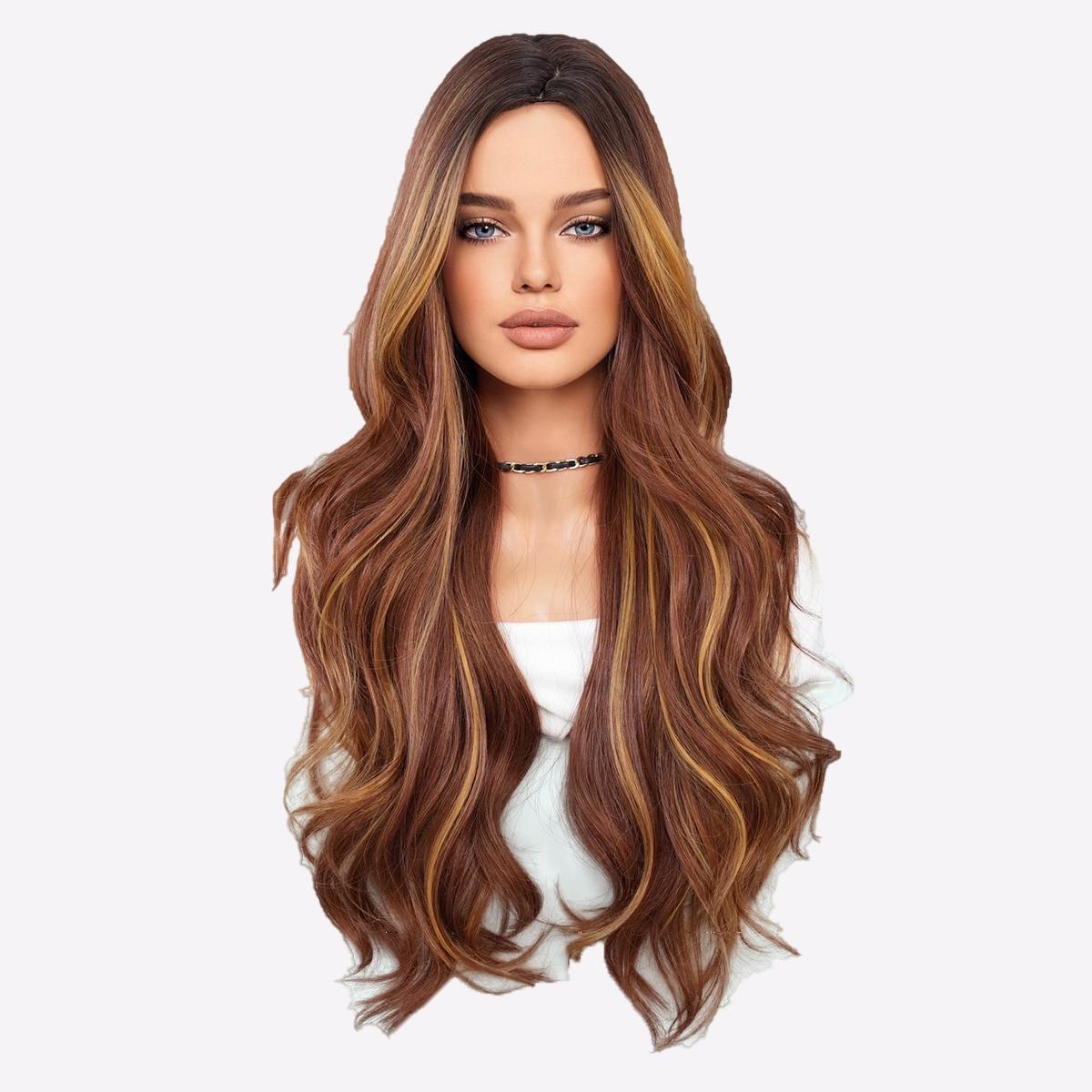 

28-дюймовый золотисто-коричневый кудрявый парик балаяж - термостойкий средний пробор свободные волны синтетический шиньон для повседневных и вечерних целей 72cm 28 Inch золотисто-коричневый