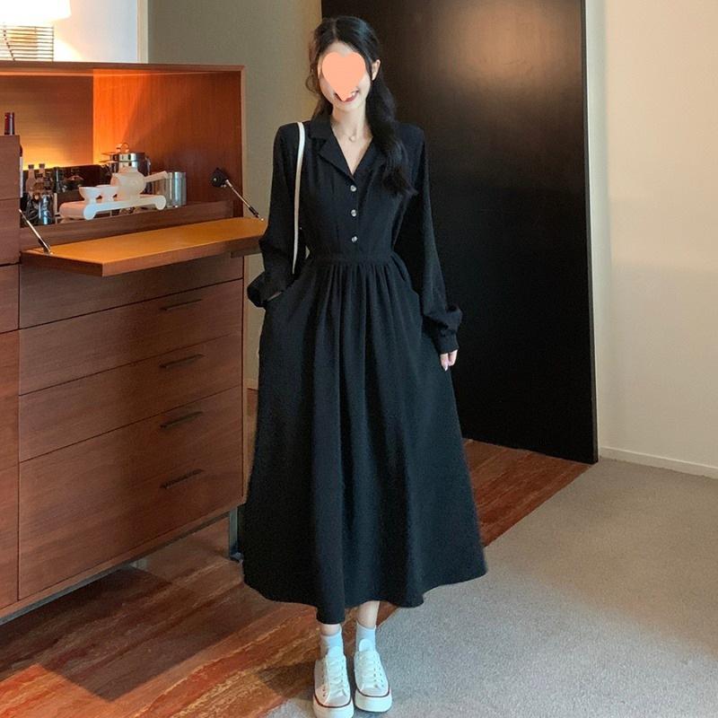 French temperament black long-sleeved suit V-neck dress women's clothing spring and autumn lazy wind lace-up waist A-word long dress