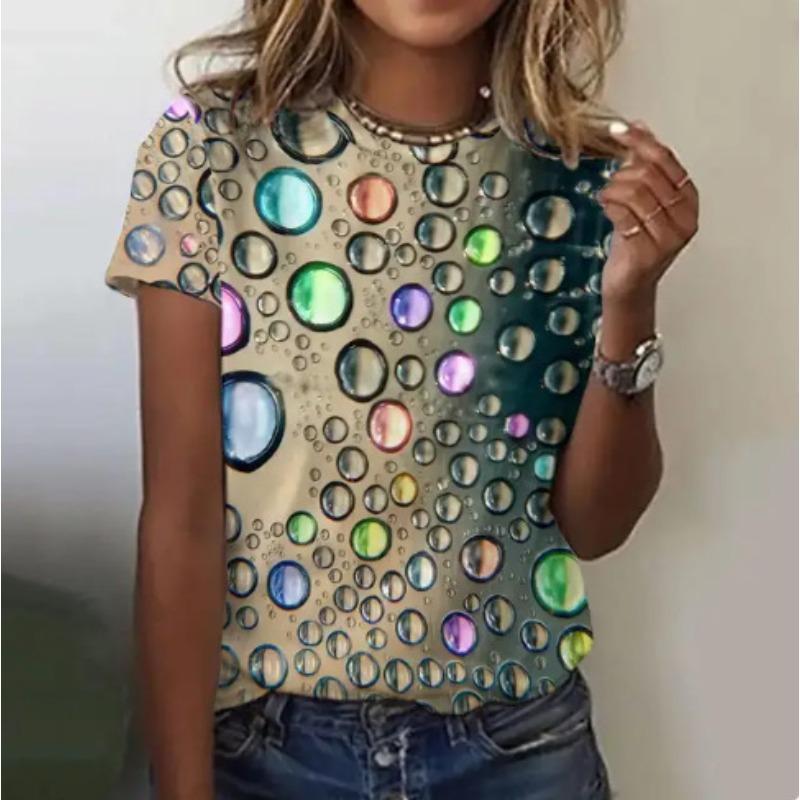 Summer New Women's Loose Shirt, Water Drop Pattern Printing Round Neck Short Sleeves