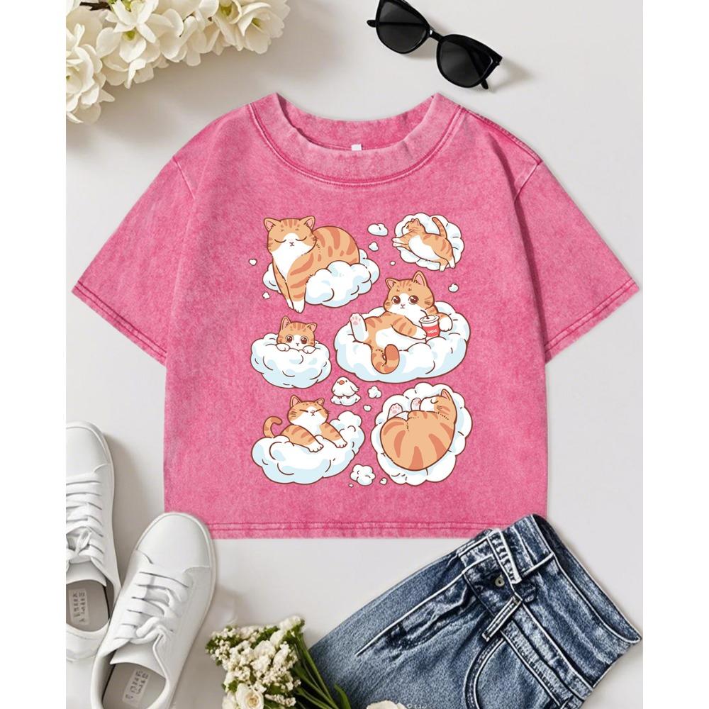 

6 Comfortable Lying Positions For Cats Printed Womens Washed T-Shirts Cotton O-Neck T-Shirt Y2K Slim Woman M