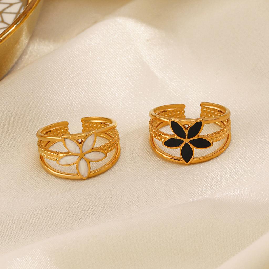 Stainless Steel Vintage Metal Flower Rings for Women Open Enamel Rings Adjustable Drip Oil Flower Multilayer Zircon 2024 New