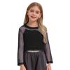 Maglietta da ragazza a rete trasparente con trafori, girocollo a coste, manica lunga, crop top, top per skateboard, hip hop, street dance