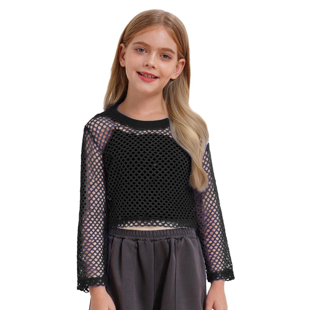 Maglietta da ragazza a rete trasparente con trafori, girocollo a coste, manica lunga, crop top, top per skateboard, hip hop, street dance