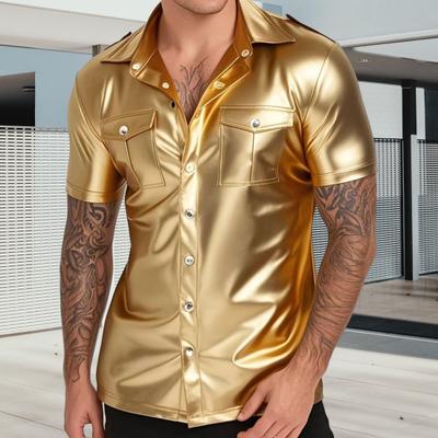Pánská metalická košile na knoflíky s krátkým rukávem a klopami, klubový pódiový kostým, slim fit košile na večírky, do barů a klubů