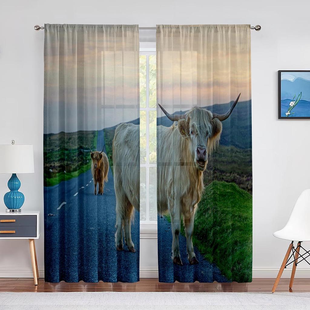 Highland Cow Sheer Voile Curtain Farmhouse Western Cattle Bull Window Tulle Curtains for Living Room Bedroom Kitchen Decoration
