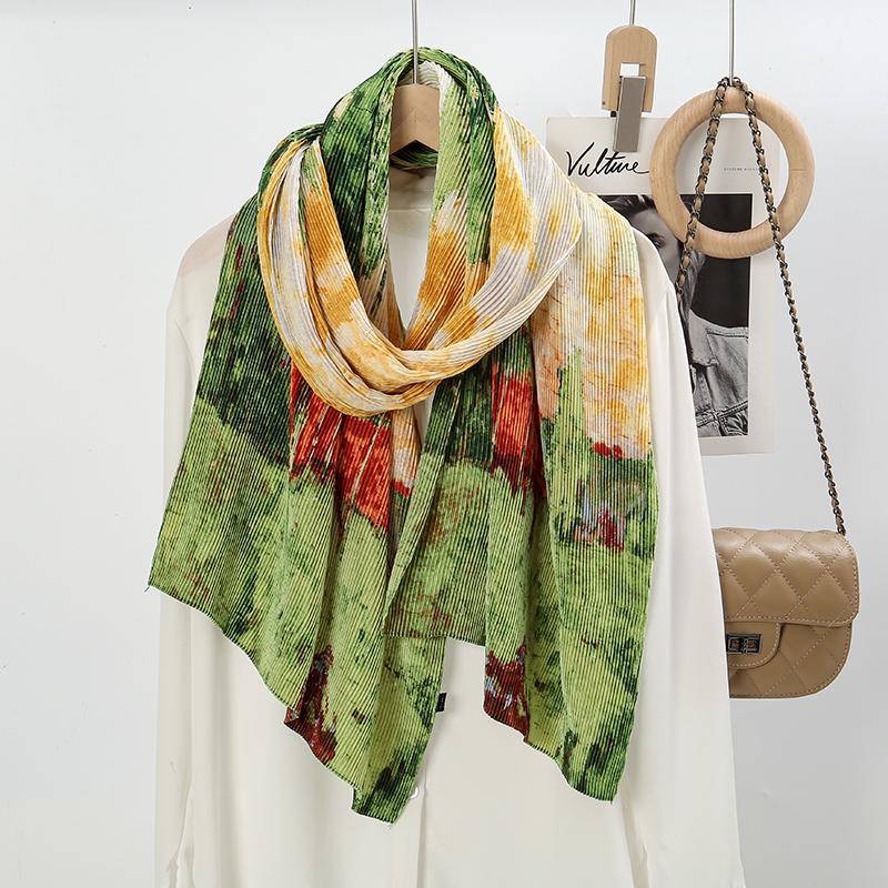 

Новый галстучный плиссированный хиджаб из атласного шелка для женщин, принтованный платок на голову, обертывания, шарф, длинные шали, шарфы, мусульманские женские хиджабы, фуляр