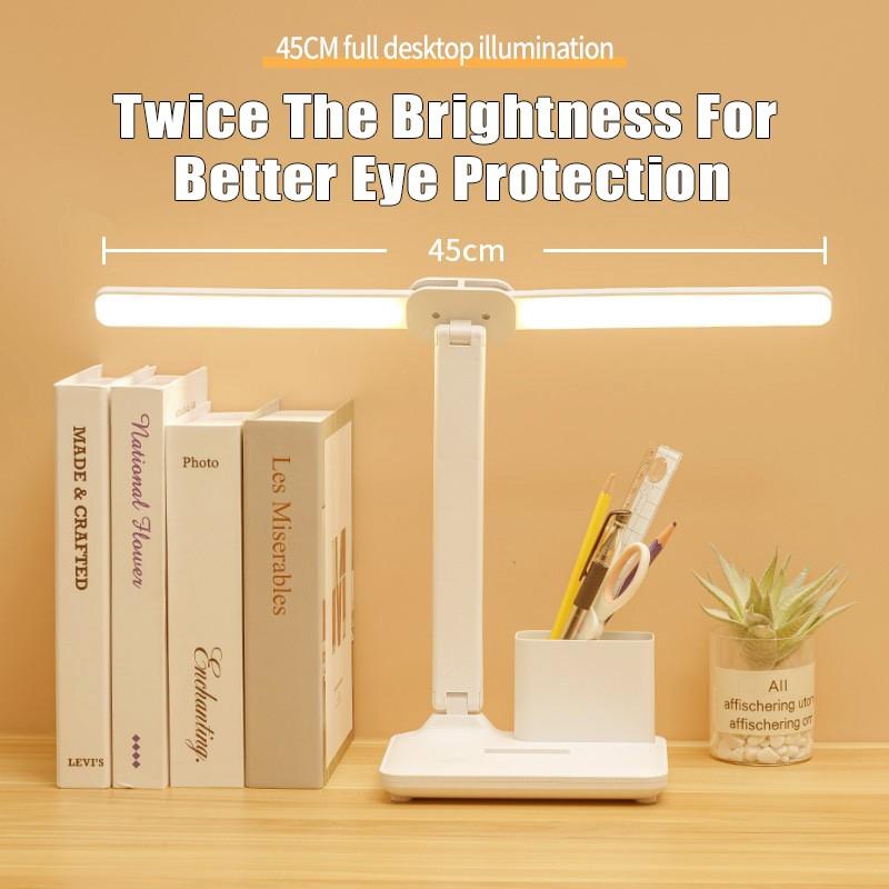 USB Rechargeable Table Lamp Adjustable Brightness Eye Protection Desk Light Touch Dimming Table Light LED Double-Head Desk Lamp With Holder